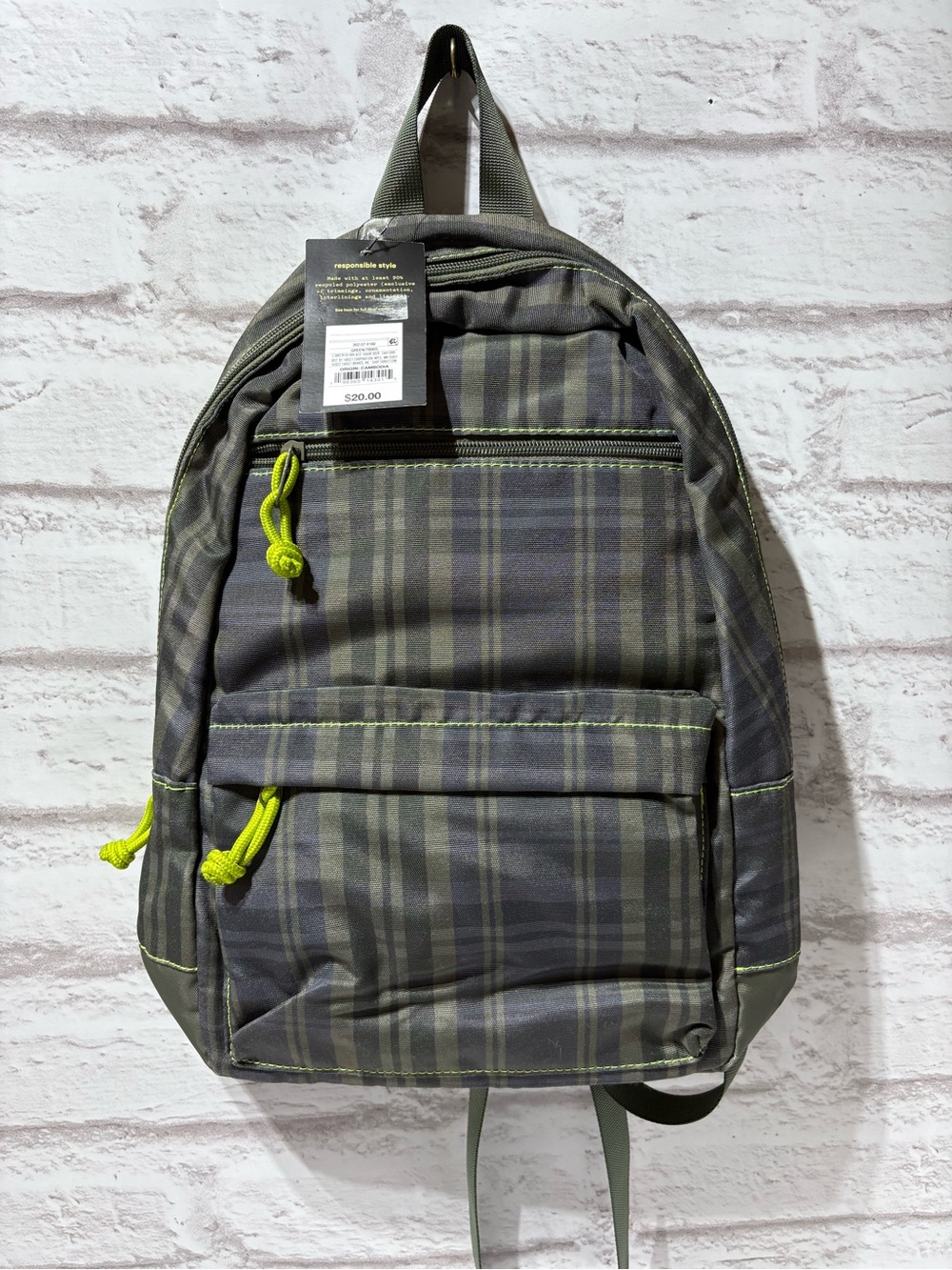 art class Olive Plaid Backpack with Neon Yellow Accents